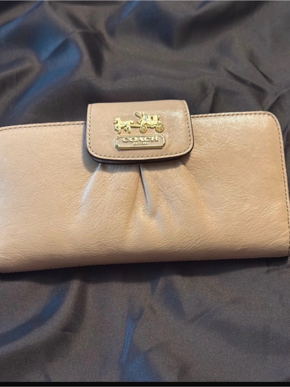 Coach Beige Leather Continental Wallet with Gold Horse & Carriage Emblem